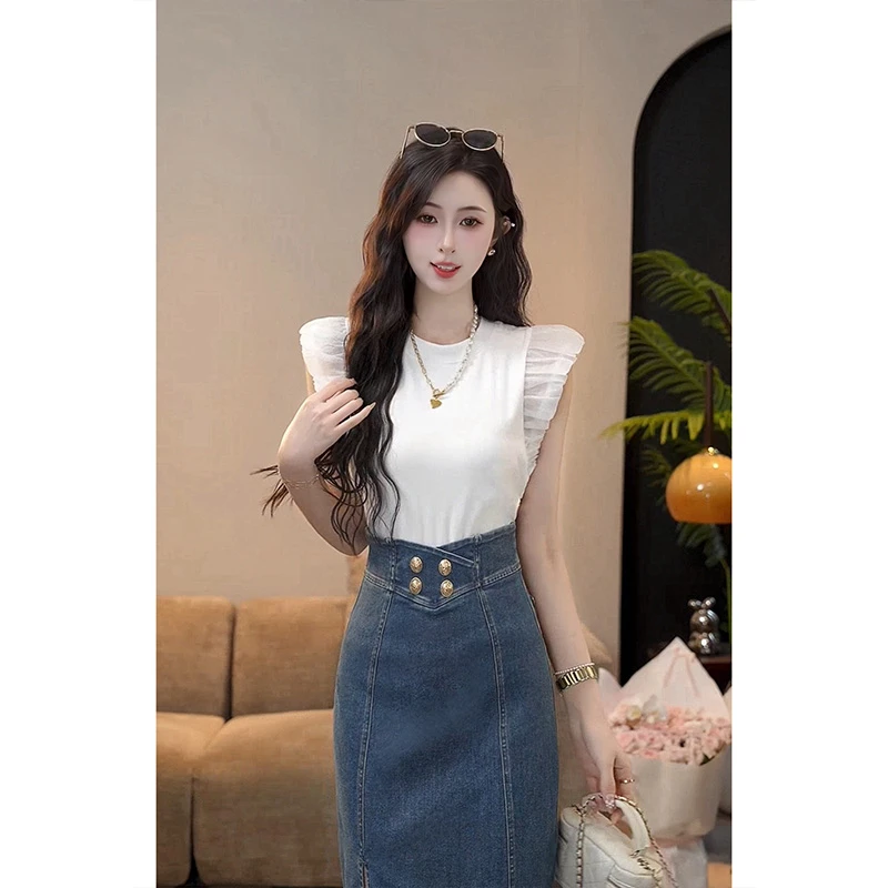 YUANLIANSU/圆脸酥【贩卖雨天】温柔风甜美蕾丝镂空花边短袖T恤女