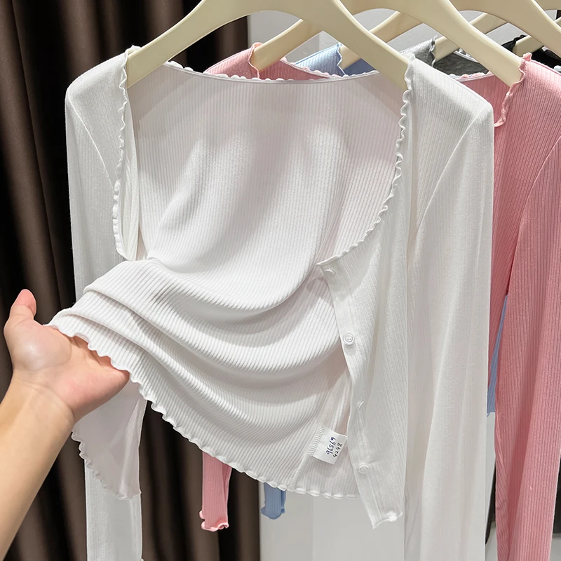 外搭坑条花边下摆上衣海滩空调披肩女黑色短款木耳边针织开衫