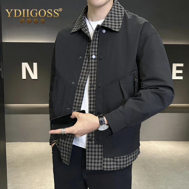 YDIIGOSS翻领夹克外套男士2025春秋季新款假两件格子宽松拼接工装