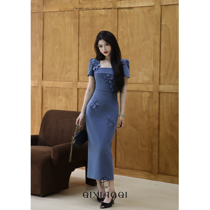 七小七Sicily【威尼斯海岸】法式蓝色方领立体花朵设计感连衣裙女夏