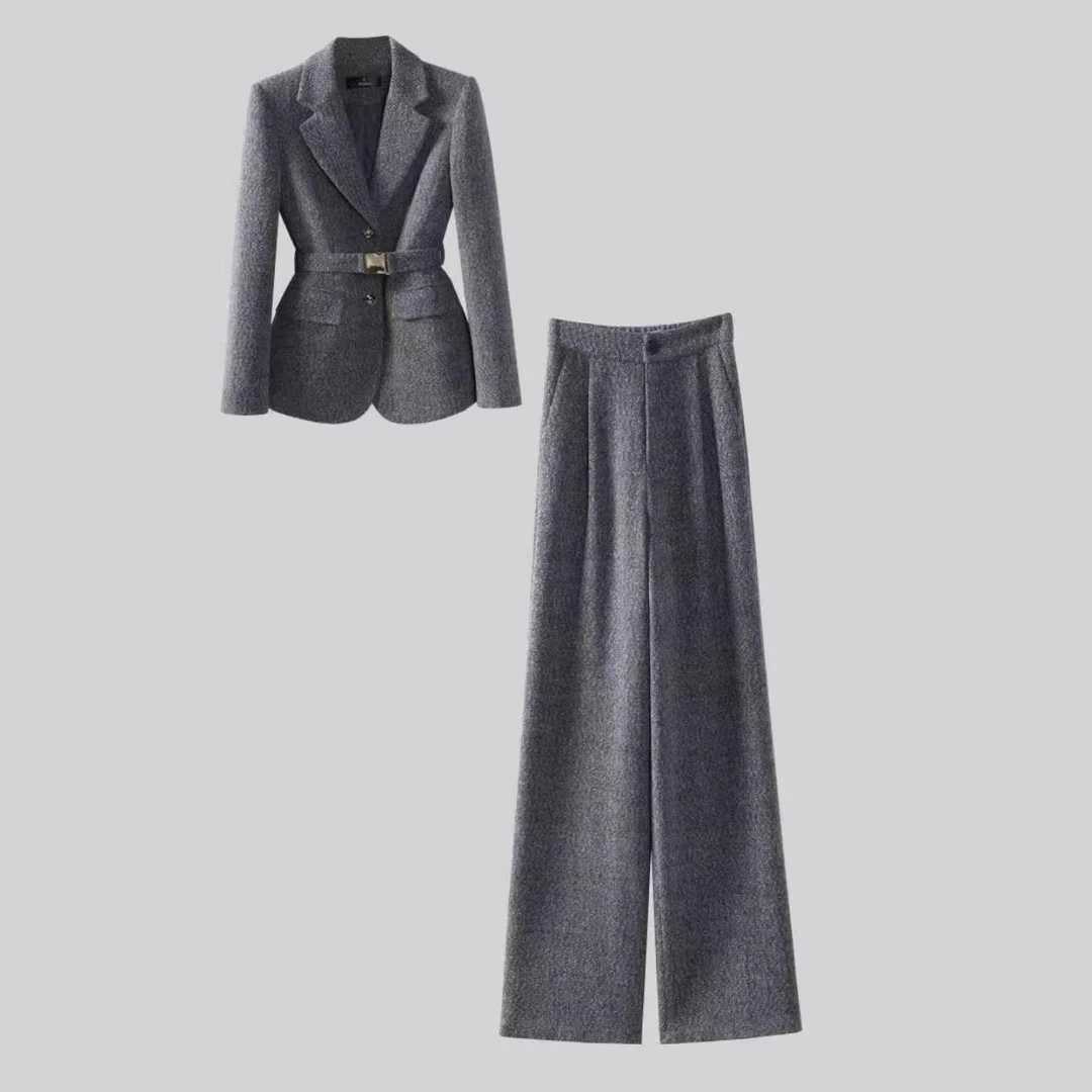 〈纪朵研〉1566复古港风休闲风秋冬高腰灰色显瘦阔腿裤时尚套装