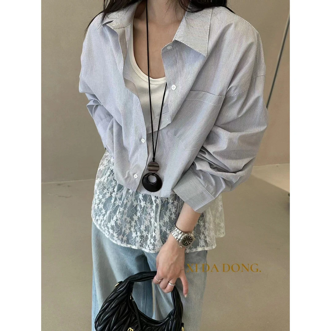 【NO退NO换】】9112#喜大东#韩系设计蕾丝拼接假两件休闲衬衫（福利）