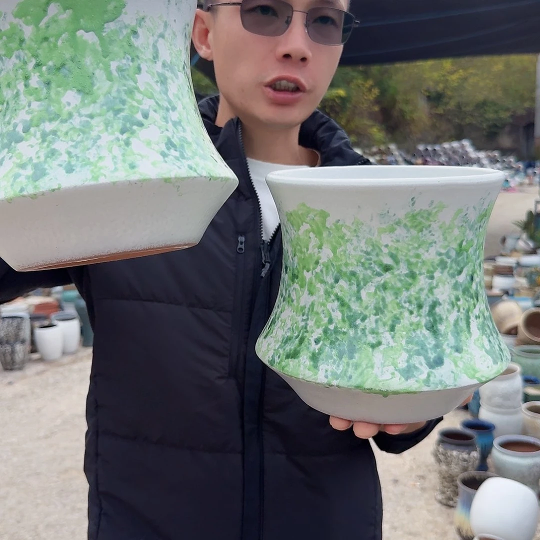 紫砂花盆口18高20（两个束腰芥末绿