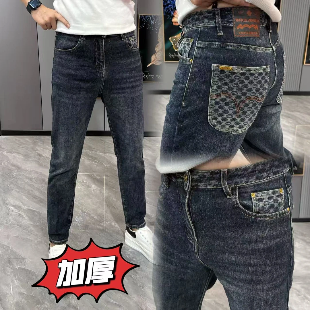 牛仔裤男款秋冬新款裤子男时尚裤兜印花小直筒裤男士秋冬款裤子