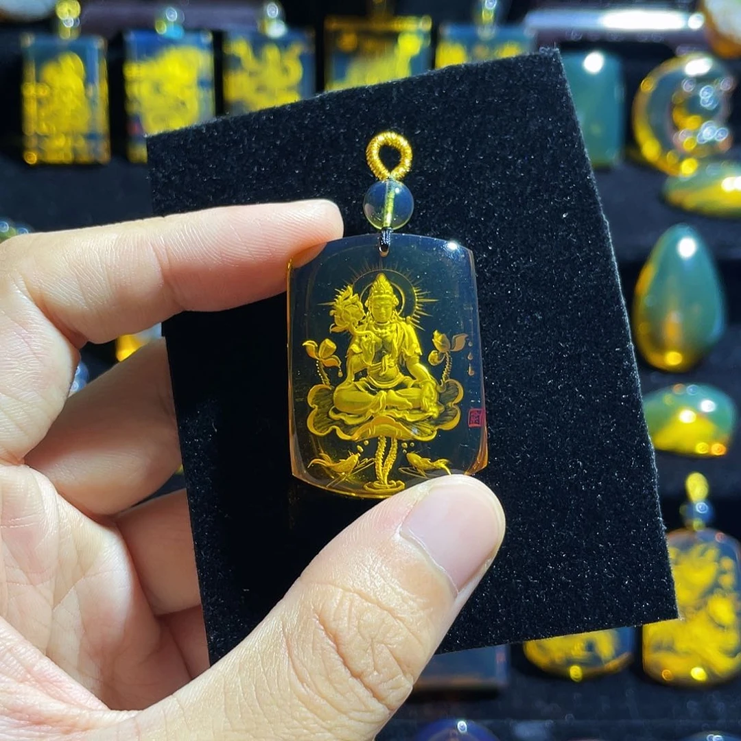 琥珀颈饰未镶嵌蓝珀大势至阴雕吊坠