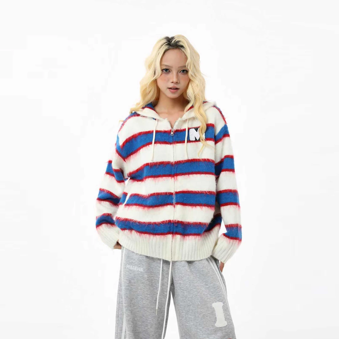 勿著少年条纹慵懒风秋冬毛衣长袖撞色情侣连帽开衫秋季针织