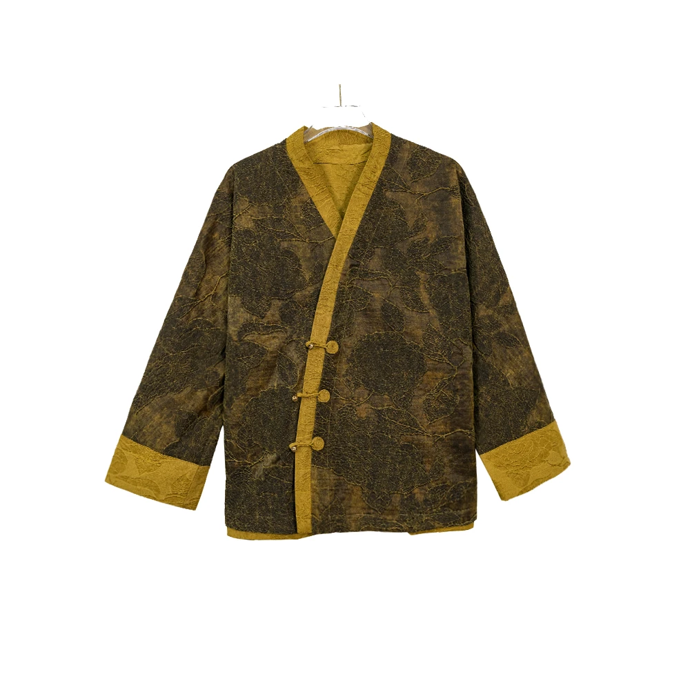 YZ 2025时尚新款金色蚕丝长袖休闲中国风茶服外套24840