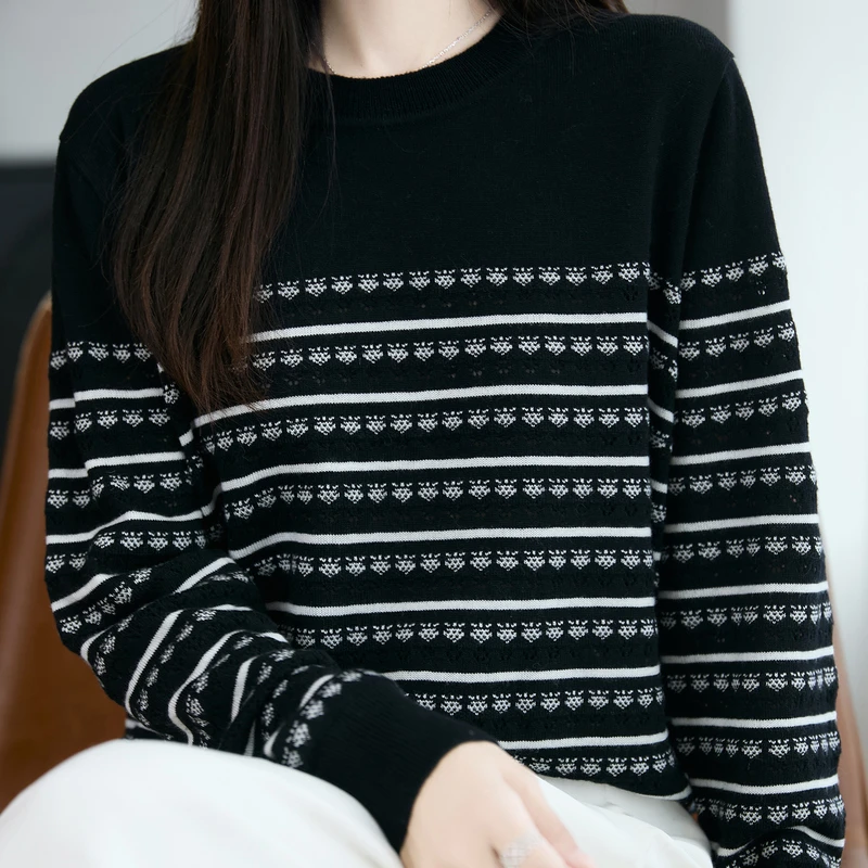 女装圆领精纺羊毛草莓提花针织衫复古休闲提花条纹撞色毛针织衫