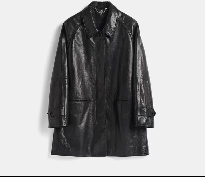 三季可穿【3588】油腊头层牛皮大气中长款女士黑色真皮宽松加绒秋冬