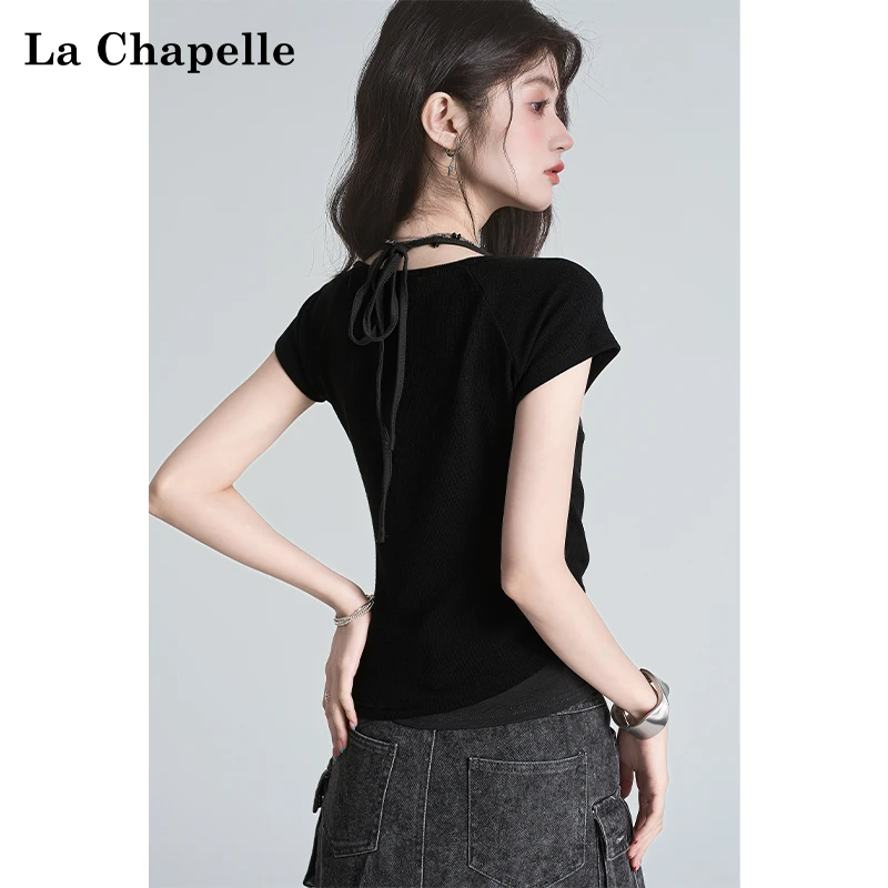 拉夏贝尔2025夏季黑色纯欲假两件挂脖短袖t恤女性感辣妹修身上衣