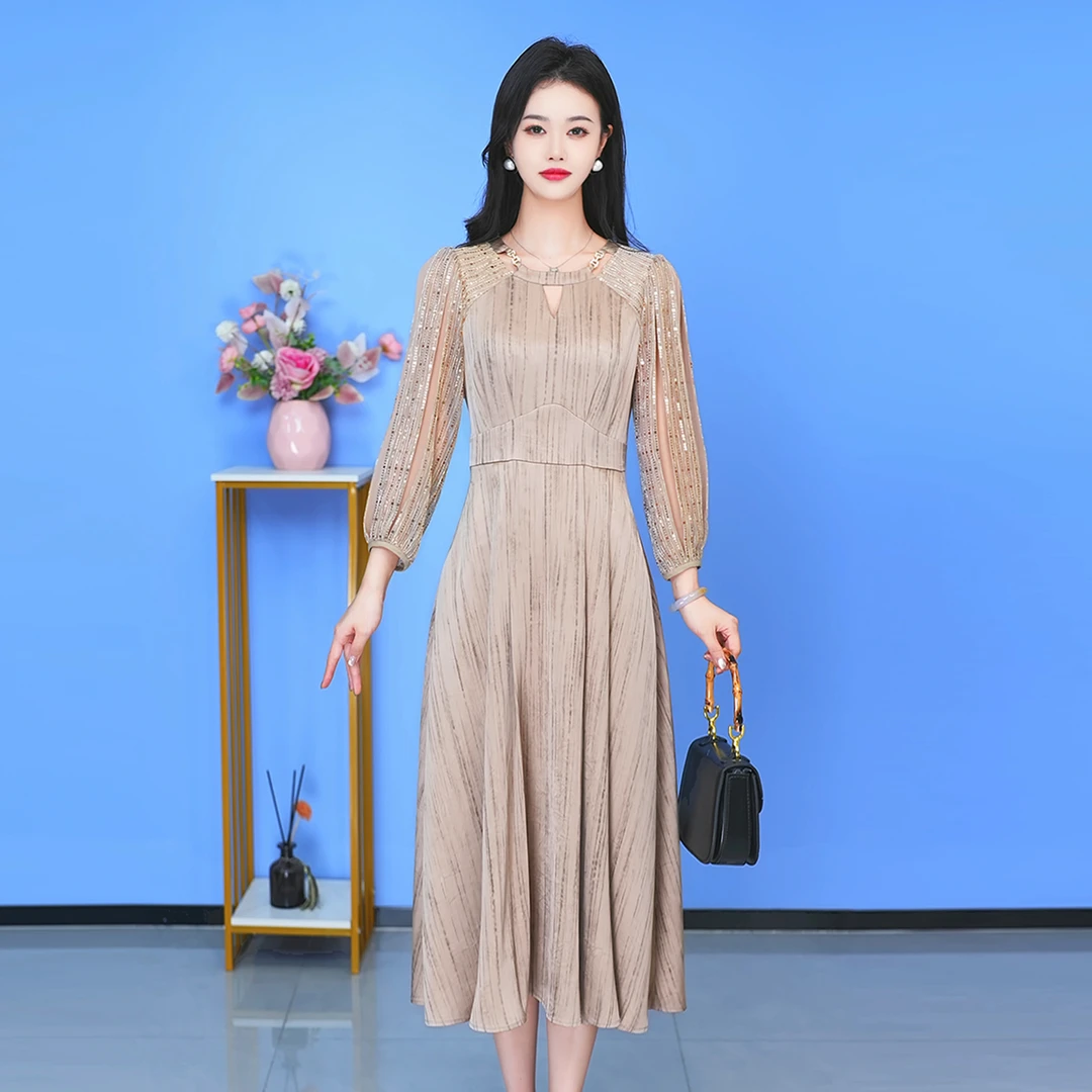 【SJYF1792】新款连衣裙中长款气质中式收腰印花修身女装连衣裙