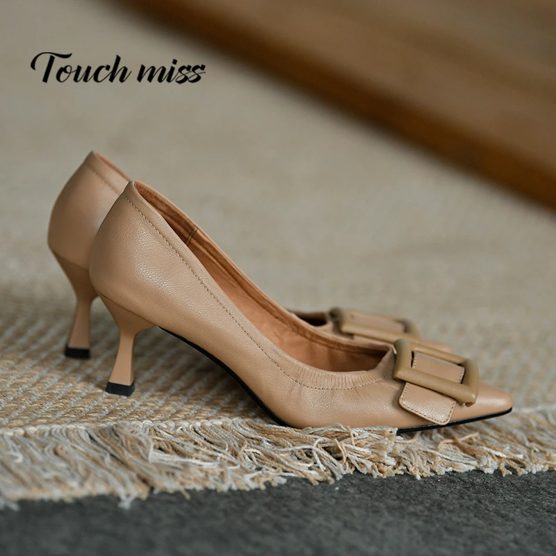 TOUCH MISS法国轻奢款纯色真皮浅口细跟高跟鞋百搭尖头一脚蹬单鞋