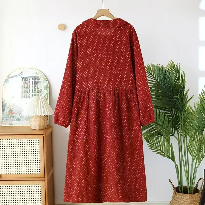 【法布丽娜】碎花红韵长袖裙娃娃领棉质双层纱布长裙宽松喜庆可外穿