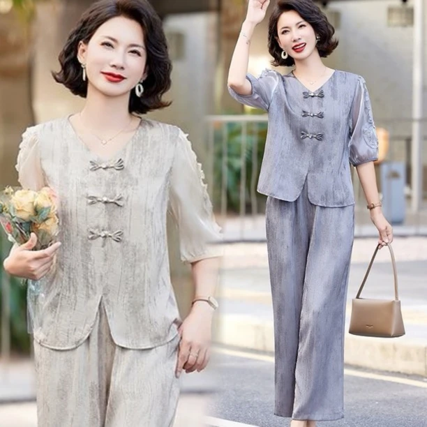 大码6XL2025年新款妈妈春夏装两件套套装中老年女上衣洋气aa5965