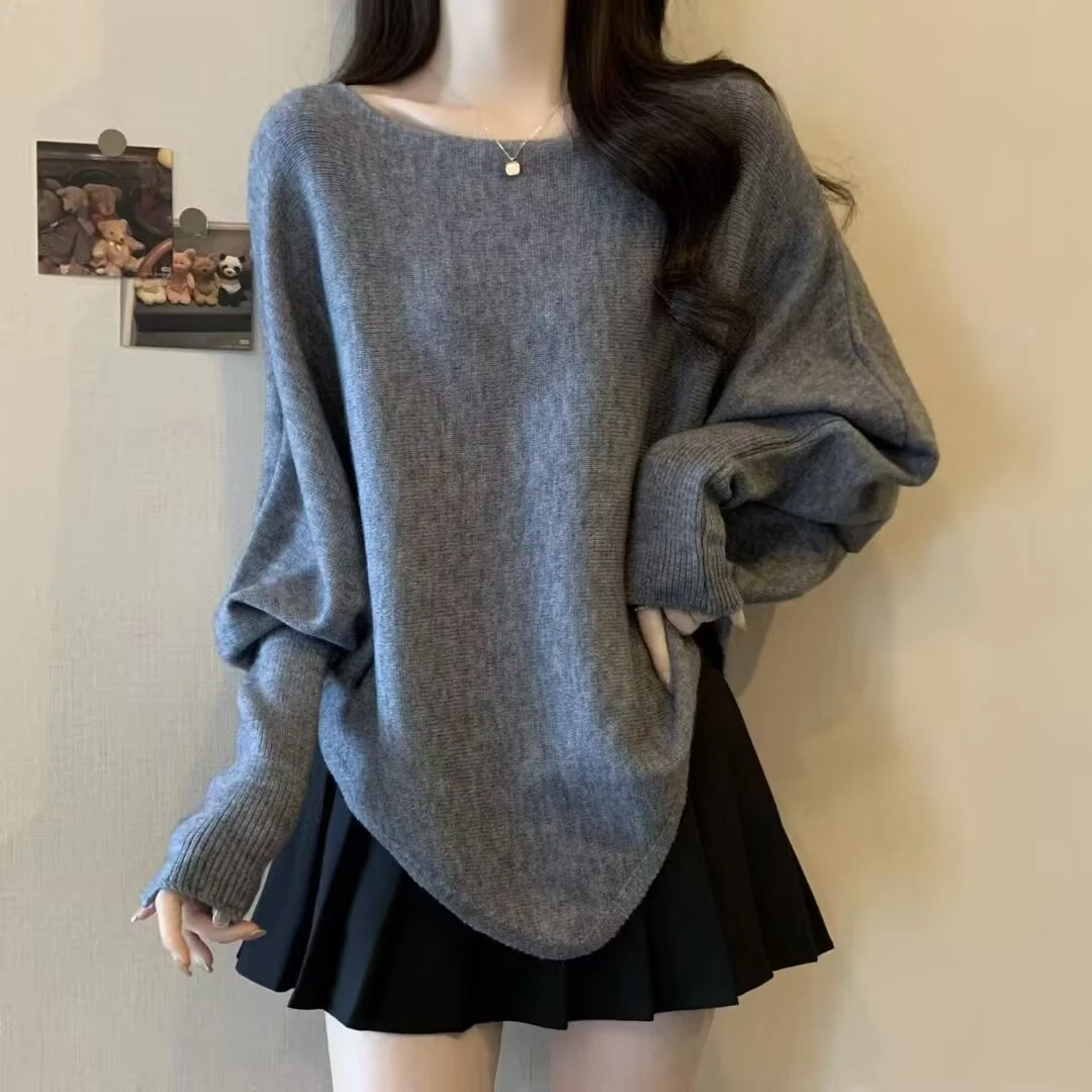 灰色不规则蝙蝠袖毛衣女秋冬韩系氛围感穿搭宽松慵懒风针织衫上衣