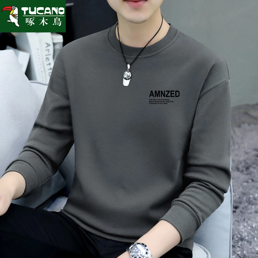 啄木鸟秋冬加绒加厚圆领卫衣男士休闲百搭宽松韩版长袖保暖上衣