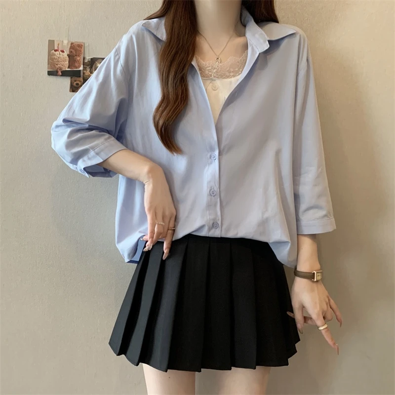 大码女装假两件蕾丝拼接短袖polo领衬衫夏季新款胖mm显瘦宽松上衣