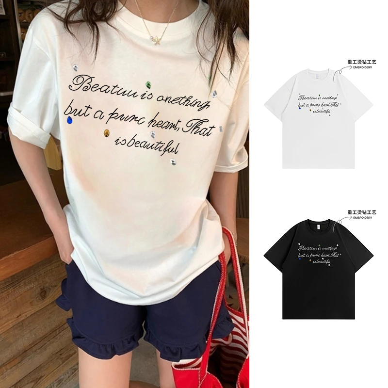 【重工-彩钻】设计感ins风韩系短袖t恤女夏季新款潮牌字母宽松上衣