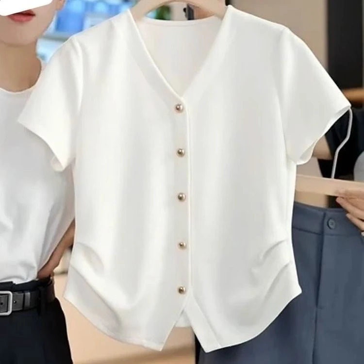 抗起球短袖拼接T恤不规则V领立体装饰纯色白色大码