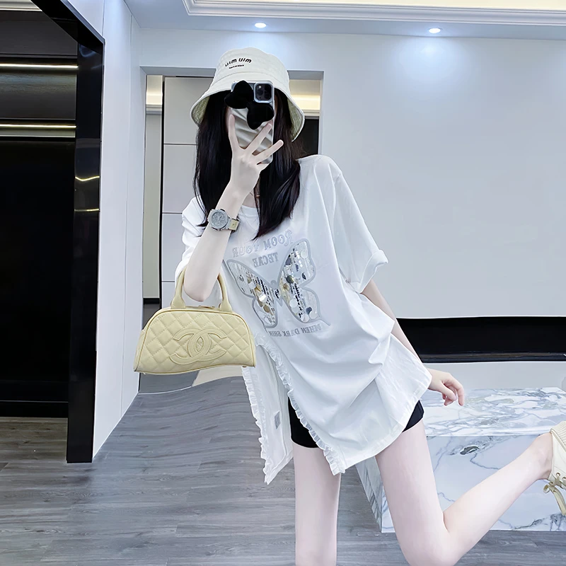 白色短袖t恤女2025夏季新款开叉设计感独特别致炸街个性上衣潮牌