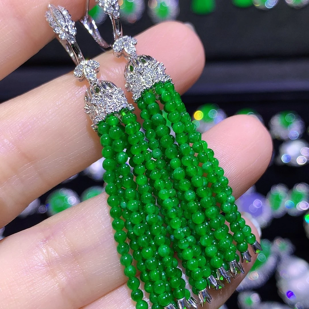 翡翠18K金镶嵌耳饰满绿圆珠