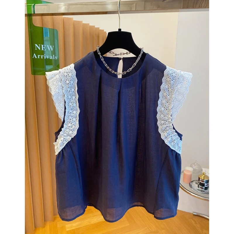 独特超好看蕾丝拼接时尚无袖上衣女夏季2025新款宽松漂亮圆领小衫