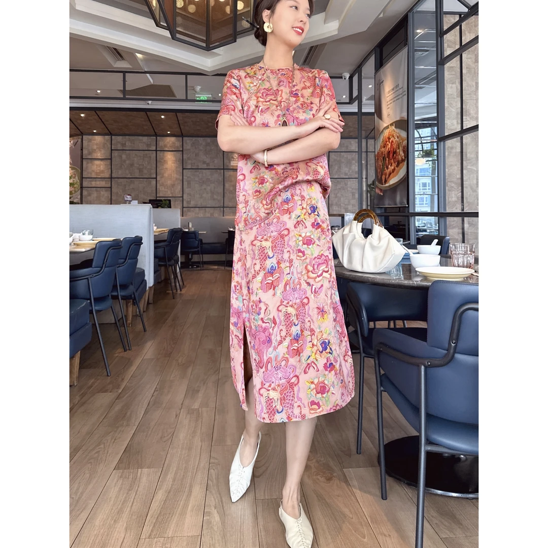 【深圳罗依】原创设计半裙女金鱼狮子牡丹提花新中式气质开叉半身裙