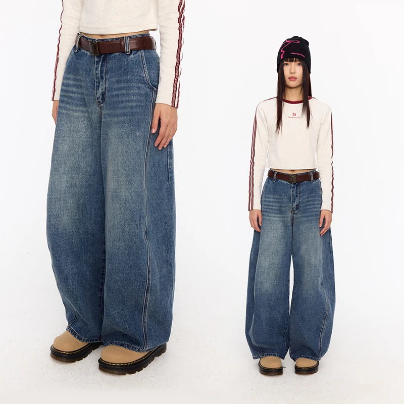 [青]江南先生美式复古印花迷彩弯刀牛仔裤春休闲阔腿长裤JN51B22