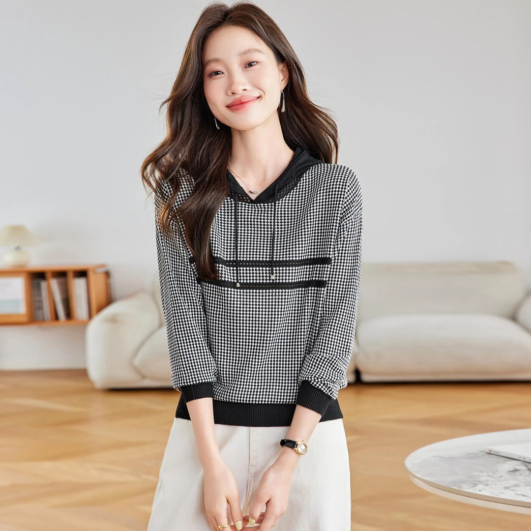 法芬图格子连帽针织T恤女2025秋新款休闲小个子设计感小众打底衫
