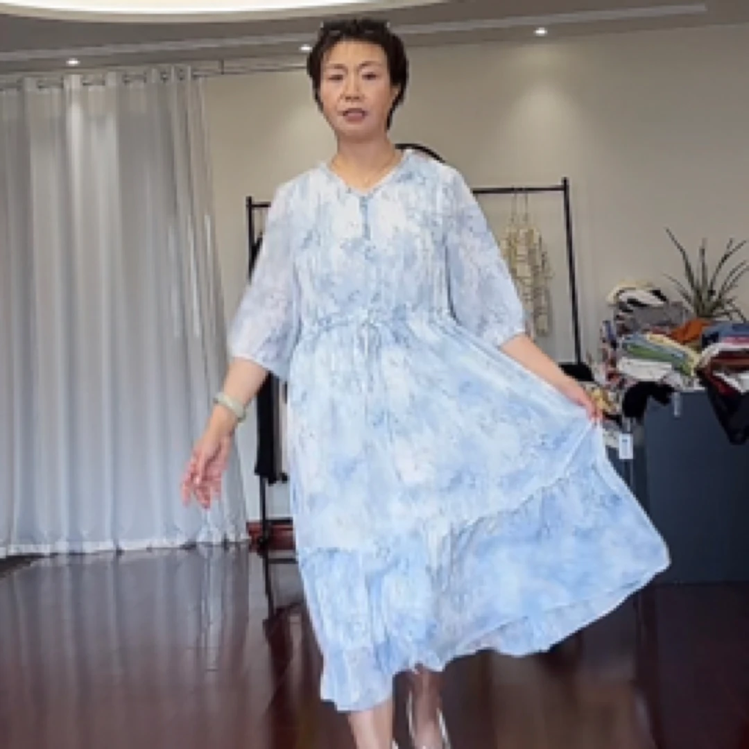 【葛行长定制】乔其纱法式浪漫雪纺连衣裙女气质收腰长裙MC7075