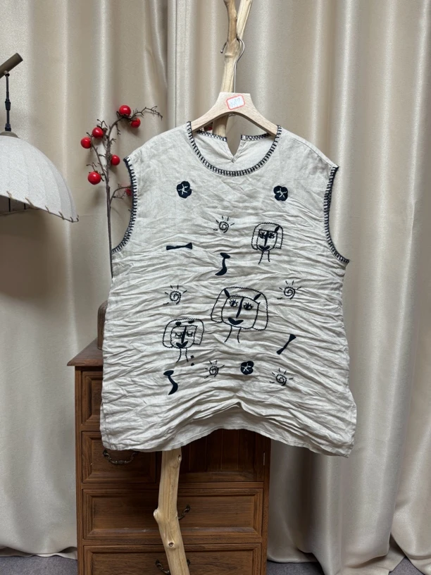 26101高订亚麻卡通常规绣花时尚薄款刺绣宽松型马夹衣长70胸围120