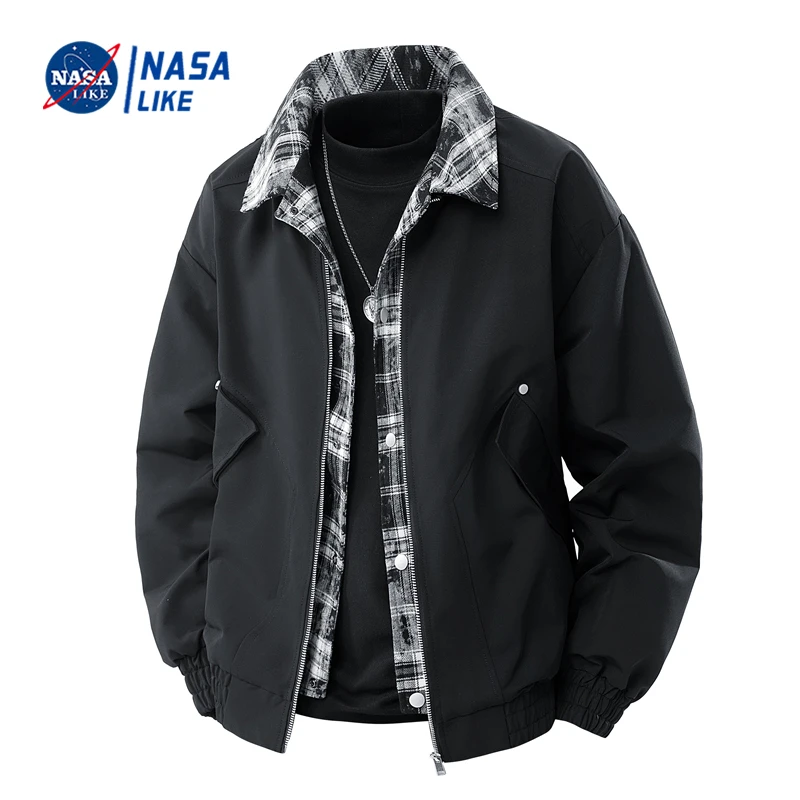 NASA美式假两件工装夹克男女情侣潮流宽松百搭痞帅大码外套胖子装