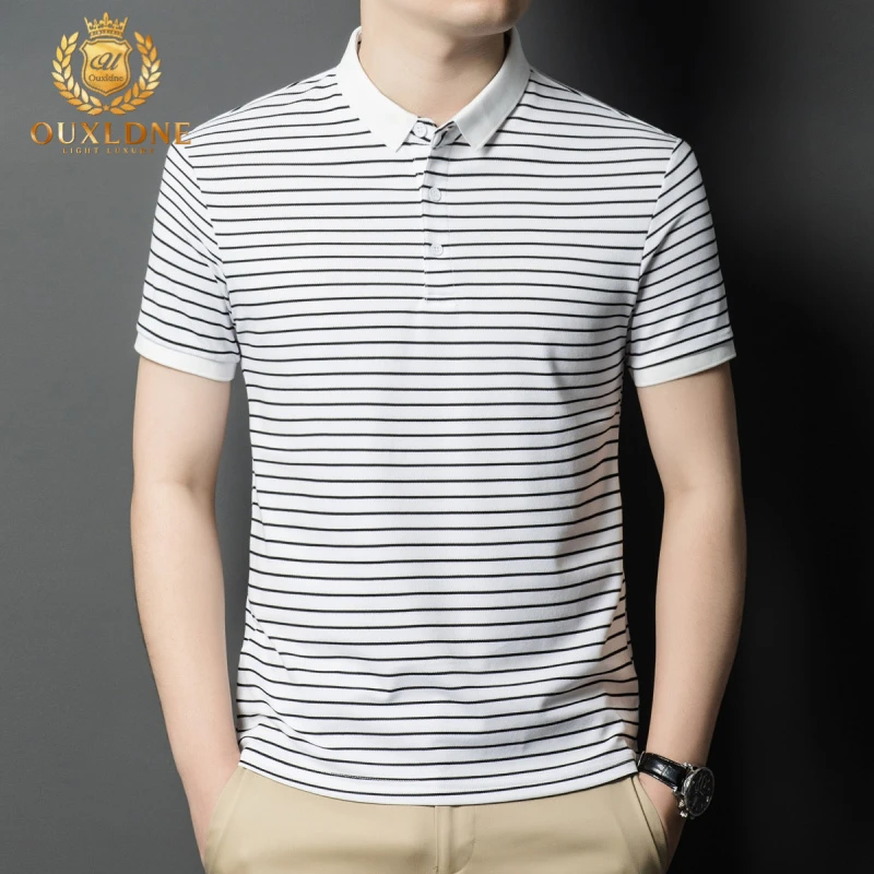 OUXLDNE条纹短袖t恤男士2025夏季新款男装翻领上衣休闲半袖Polo衫