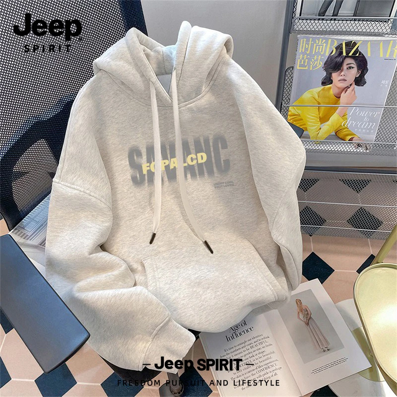 Jeep吉普潮牌趣味宽松加绒连帽卫衣男秋冬季新款休闲重磅保暖上衣