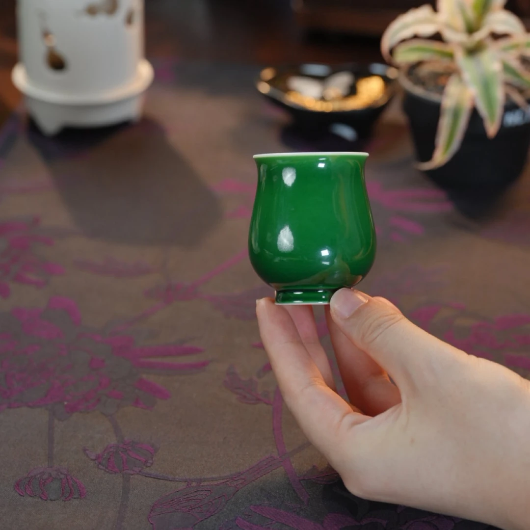 瓷唐里——帝王翡翠绿釉玉兰杯绿色手绘色釉陶瓷主人杯