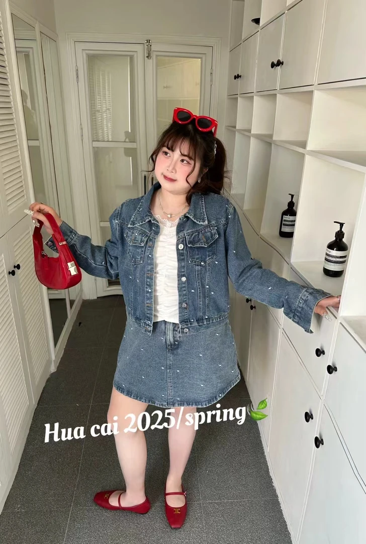 大码满钻牛仔肤套装