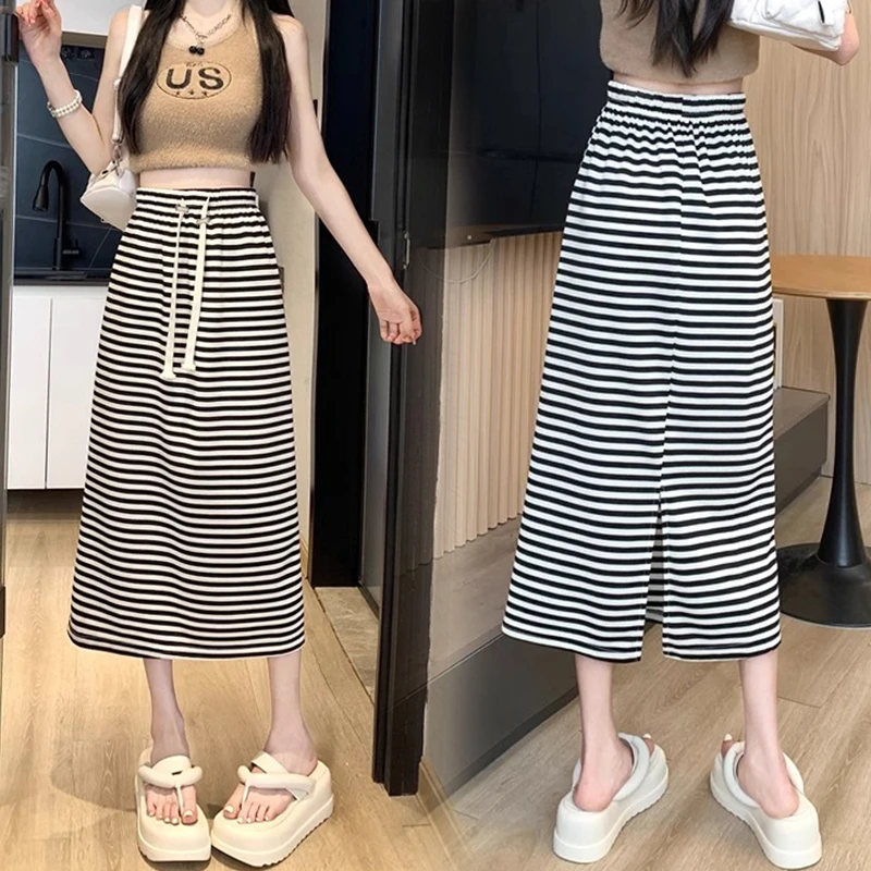 孕妇半身裙2025夏季薄款条纹开叉无托腹休闲显瘦高腰中长包臀裙子