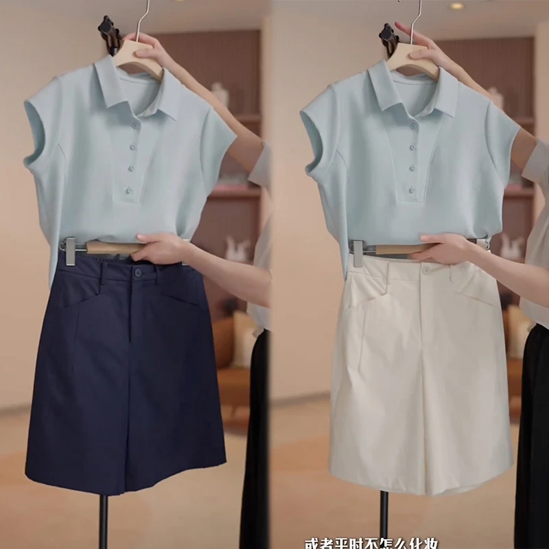 今年流行的夏季套装polo领短袖T恤女高腰五分休闲短裤时尚两件套