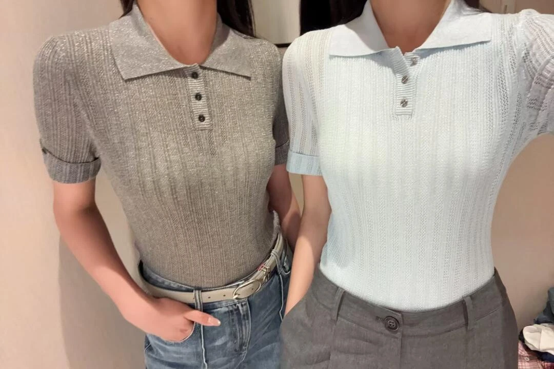 依衣哥家138024新款细闪亮丝时尚休闲显瘦POLO领镂空短袖针织