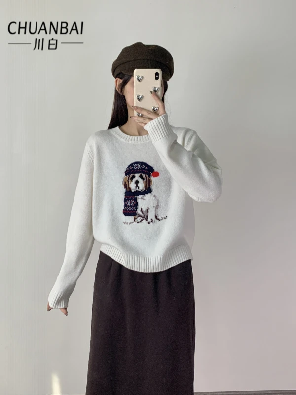 CHUAN BAI 暖冬款小狗刺绣圆领经典时尚复古花纹休闲针织套头衫