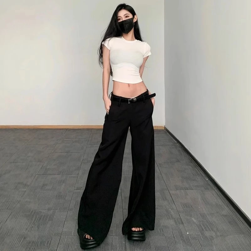 辣妹黑色休闲裤女秋低腰垂感西装长裤宽松百搭阔腿喇叭裤拖地裤子