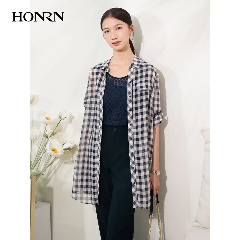 HONRN/宽松格纹休闲薄款中长款格子衬衣衬衫女上衣夏季HI22OC577