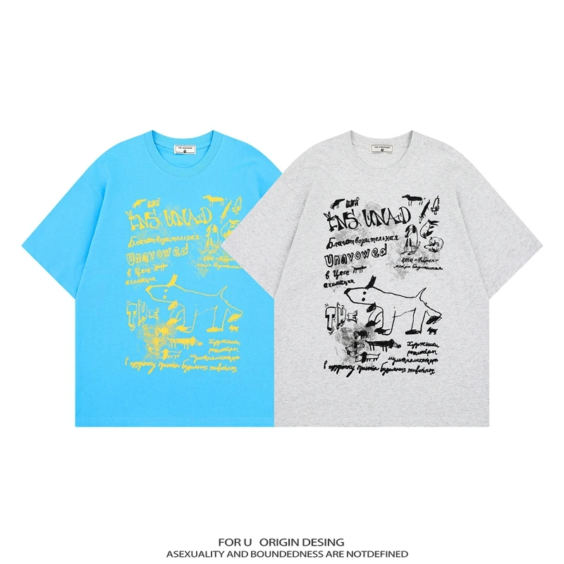 FOR U 原创国潮美式复古圆领短袖t恤夏季新款宽松基础款上衣男女