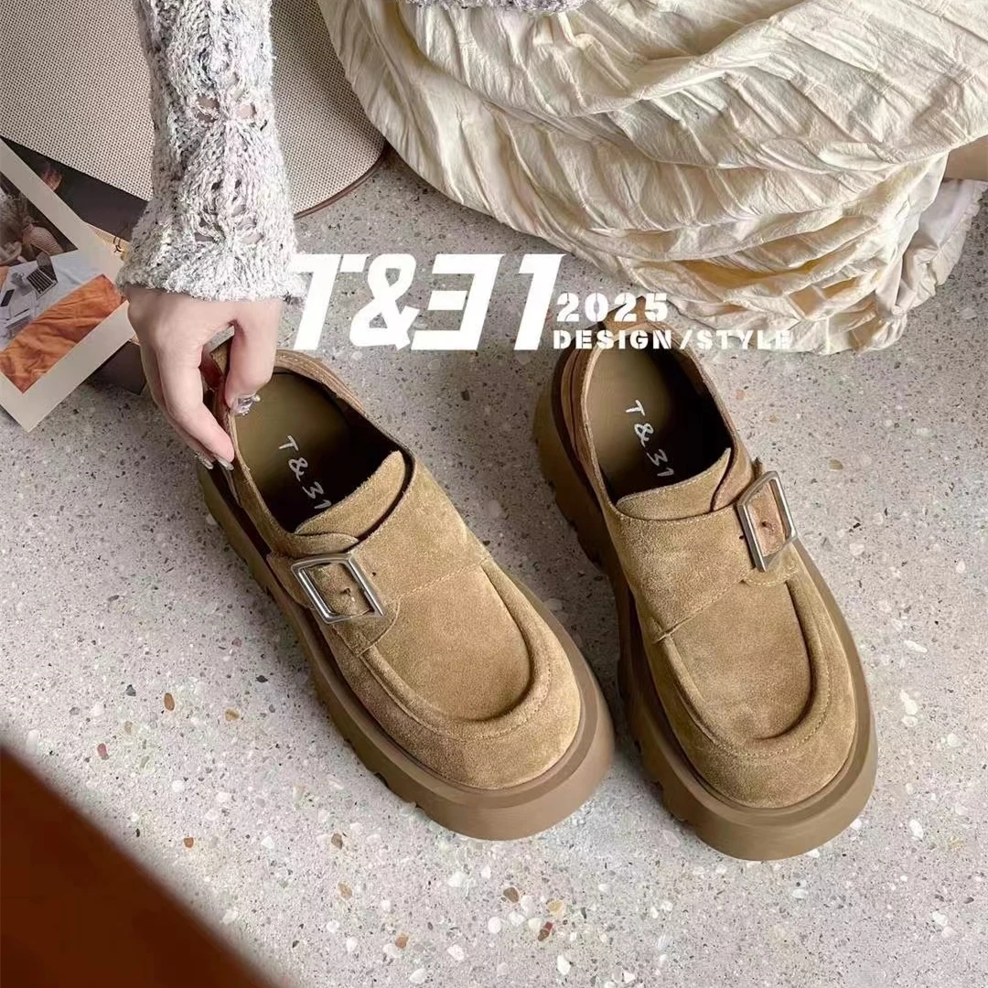 T31女鞋2025秋季新款磨砂皮乐福鞋魔术贴厚底复古英伦松糕底显高