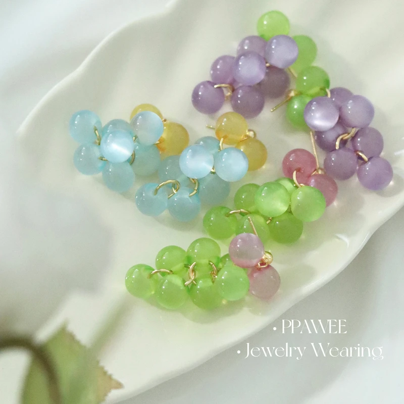 合金耳饰 青提波波|彩色葡萄耳环夏天法式串珠耳饰女设计感小众多