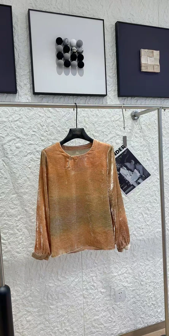 [金丽丽]复古风丝绒上衣女 秋冬圆领盘扣长袖质感渐变衬衫-015