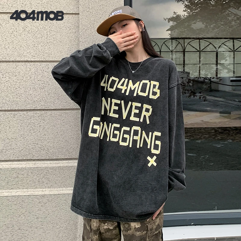404MOB美式复古洗水做旧长袖T恤男春季重磅纯棉套头圆领情侣上衣