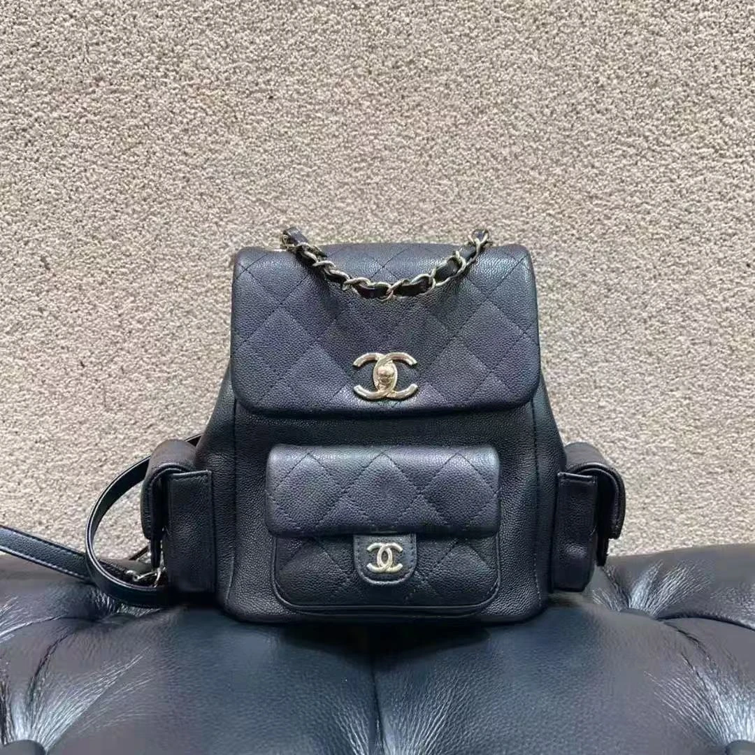 99新 Chanel/香奈儿 Chanel  黑金荔枝皮duma 双肩包 芯片款