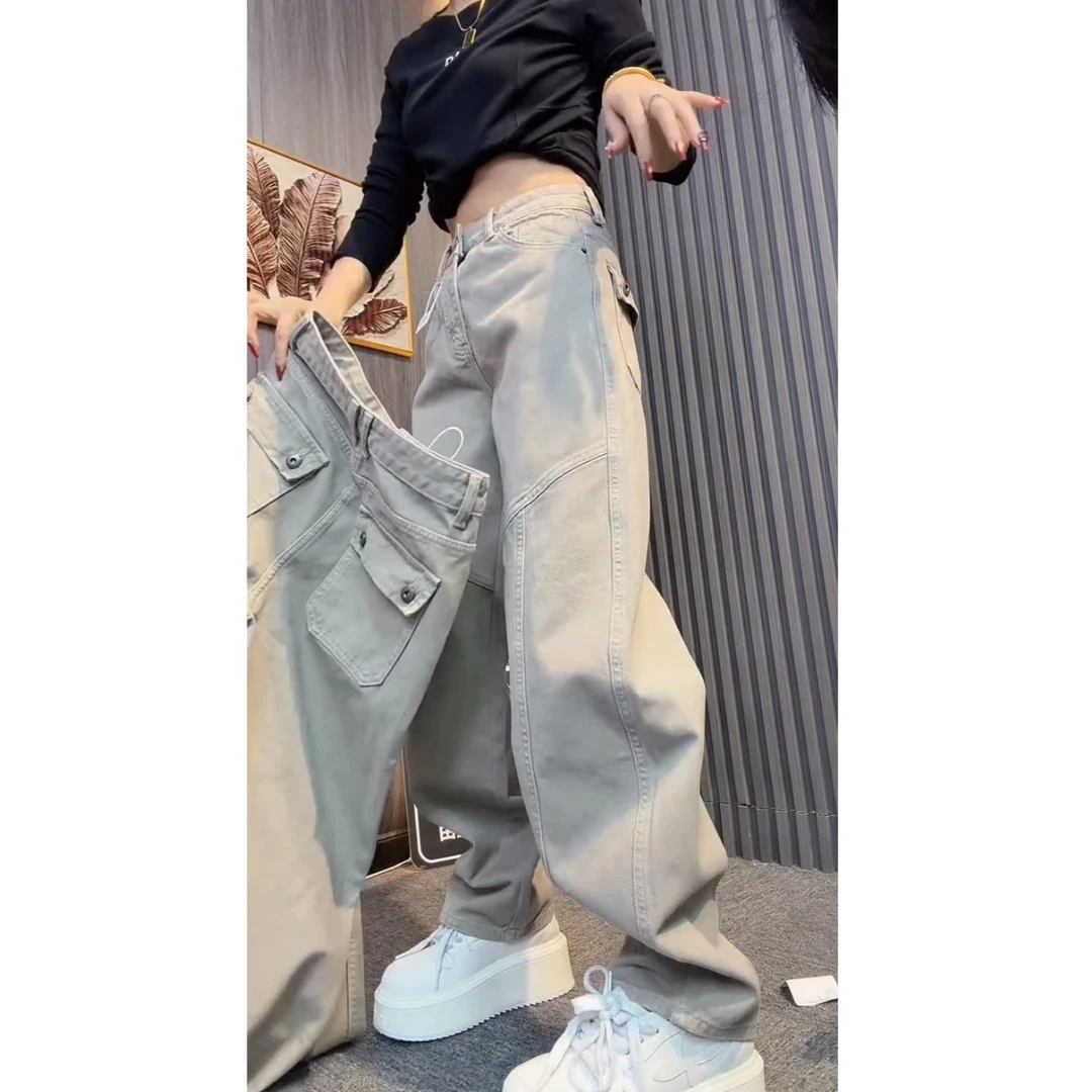 2025年冬季新款加厚磨毛后兜遮盖窄腿复古水泥灰牛仔裤