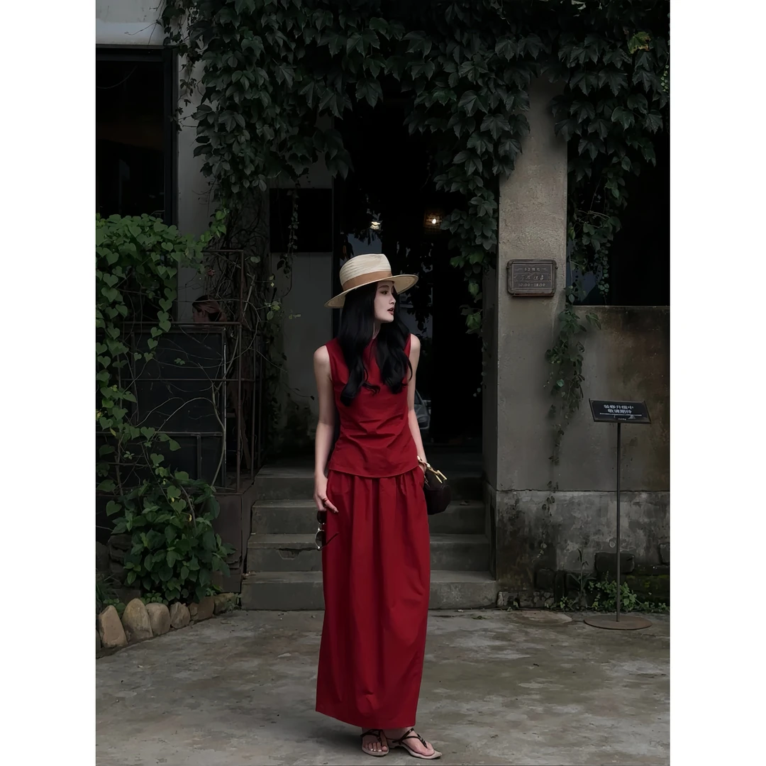 Ah·Jing 梓静 【一镜到底】微皱肌理露背系带上衣半裙亚麻套装0750